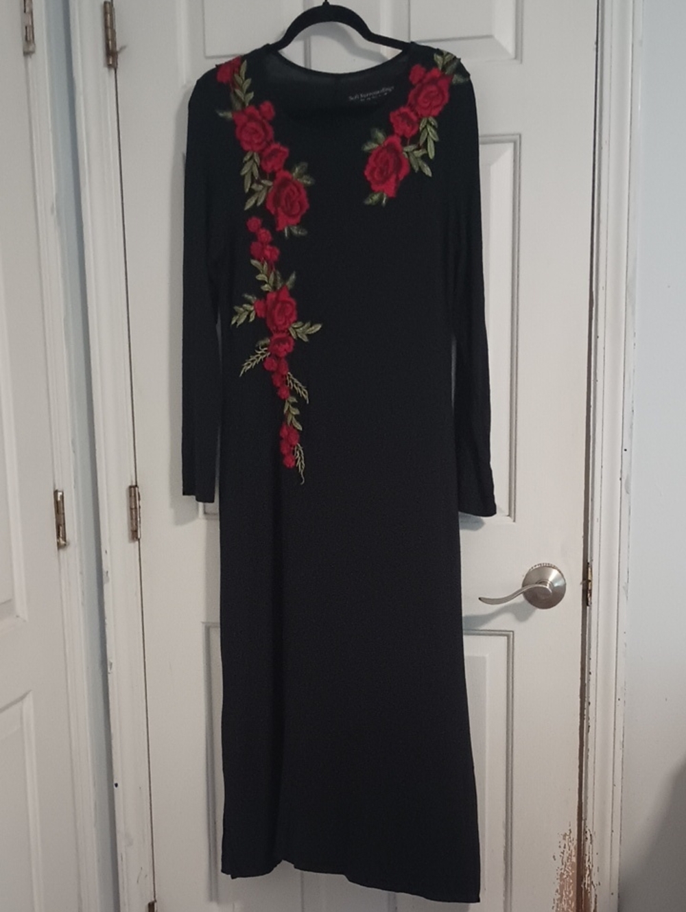 Soft Surroundings Black Maxi Dress with Red Rose Embroidery